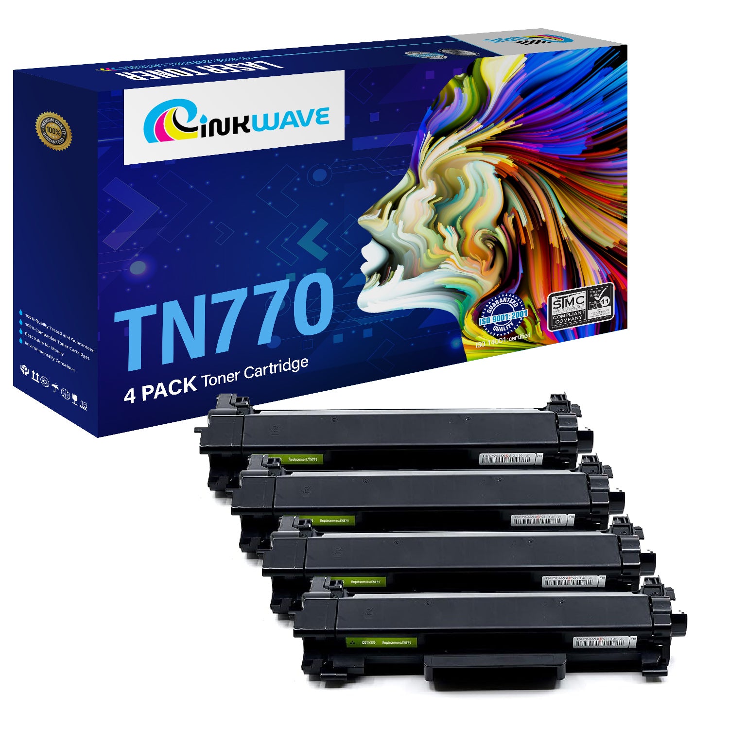 InkWave TN770 Toner Replacement Printer Cartridge for Brother, Black - 2 Pack